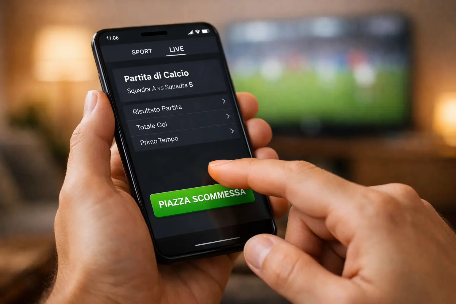 Mani che tengono uno smartphone con interfaccia di scommesse durante una partita