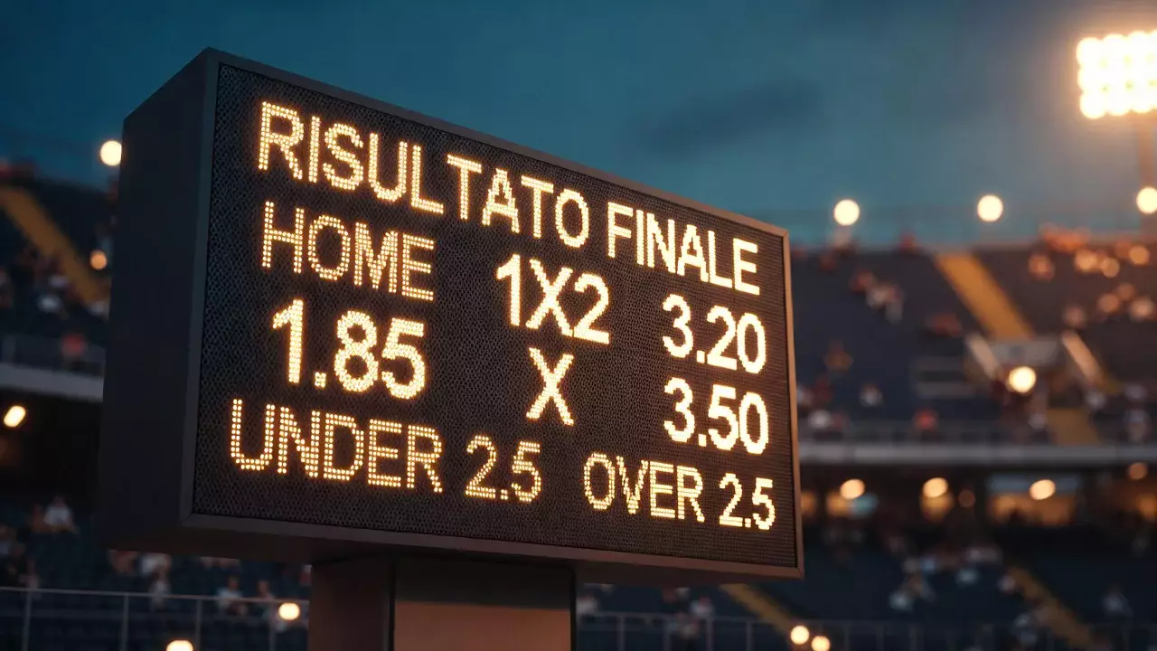 Tabellone luminoso di uno stadio di calcio con quote e risultati delle partite