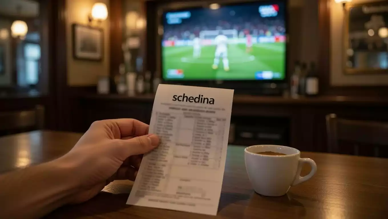 Mano che tiene una schedina di scommesse con più partite di calcio selezionate