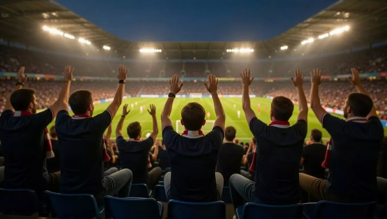 Tifosi allo stadio di calcio che esultano durante una partita sotto le luci dei riflettori