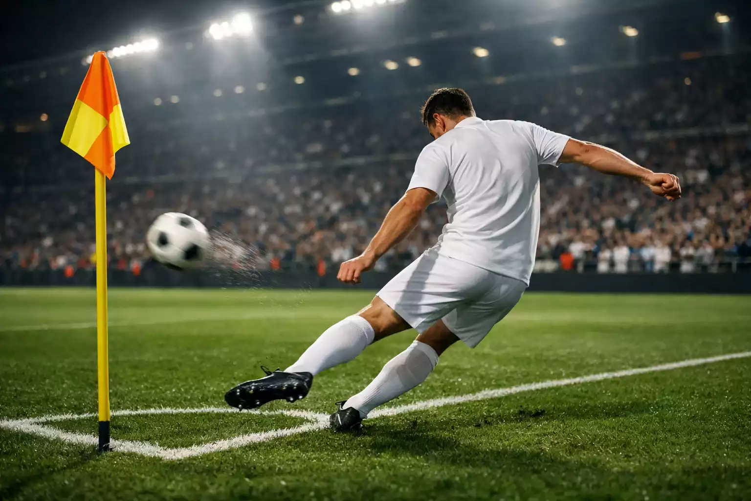 Calciatore che batte un calcio d'angolo in uno stadio affollato durante una partita serale
