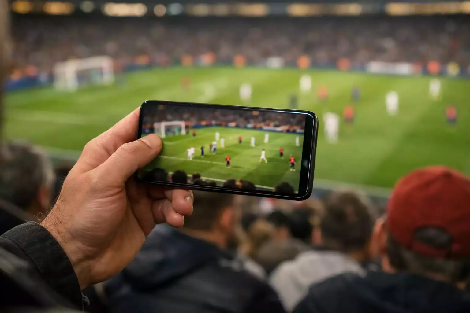 Mano di uno scommettitore che tiene uno smartphone con una partita di calcio sullo schermo allo stadio