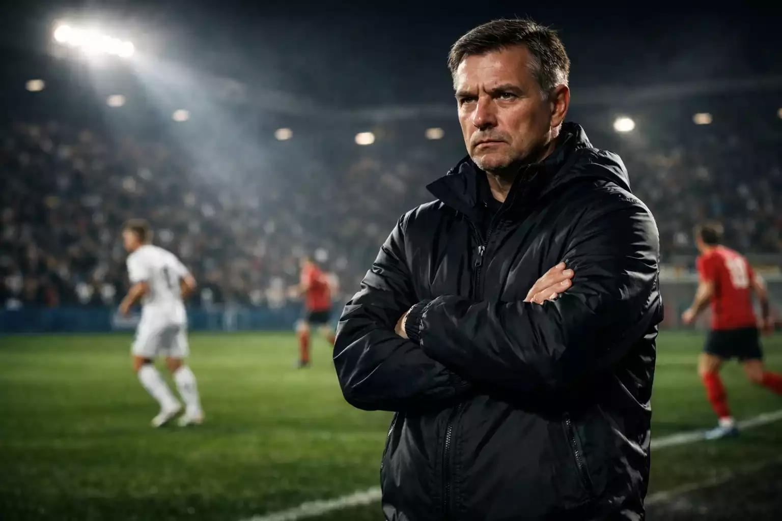 Allenatore di calcio concentrato a bordo campo che analizza la partita in corso dallo stadio