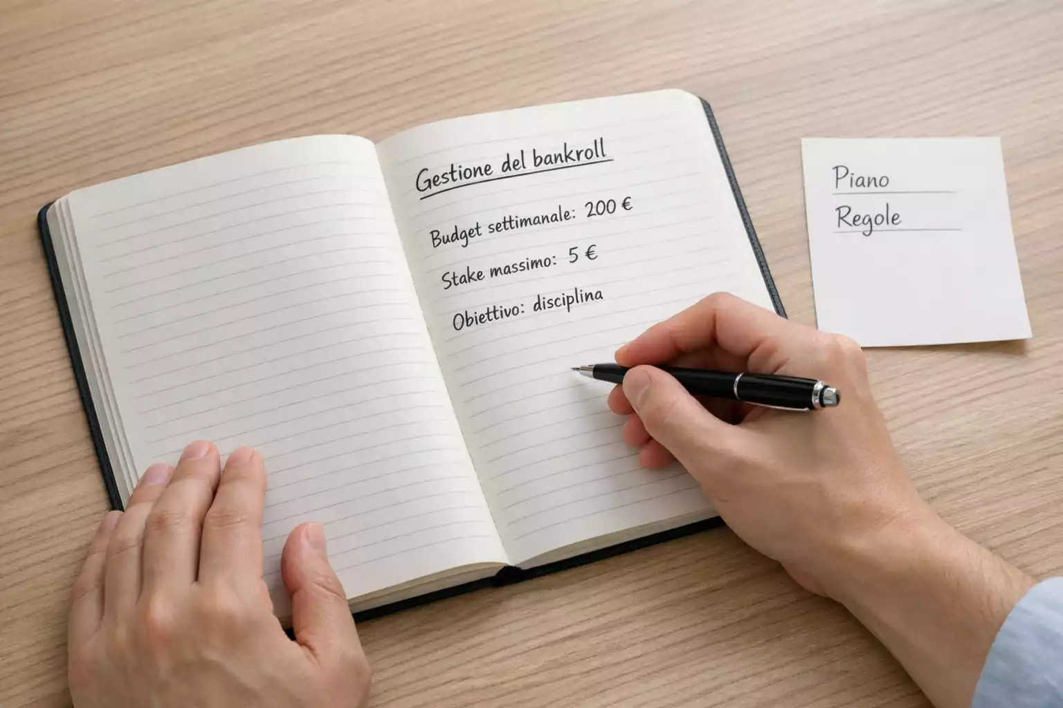 Persona seduta alla scrivania con un blocco appunti e una penna che pianifica un budget su un foglio