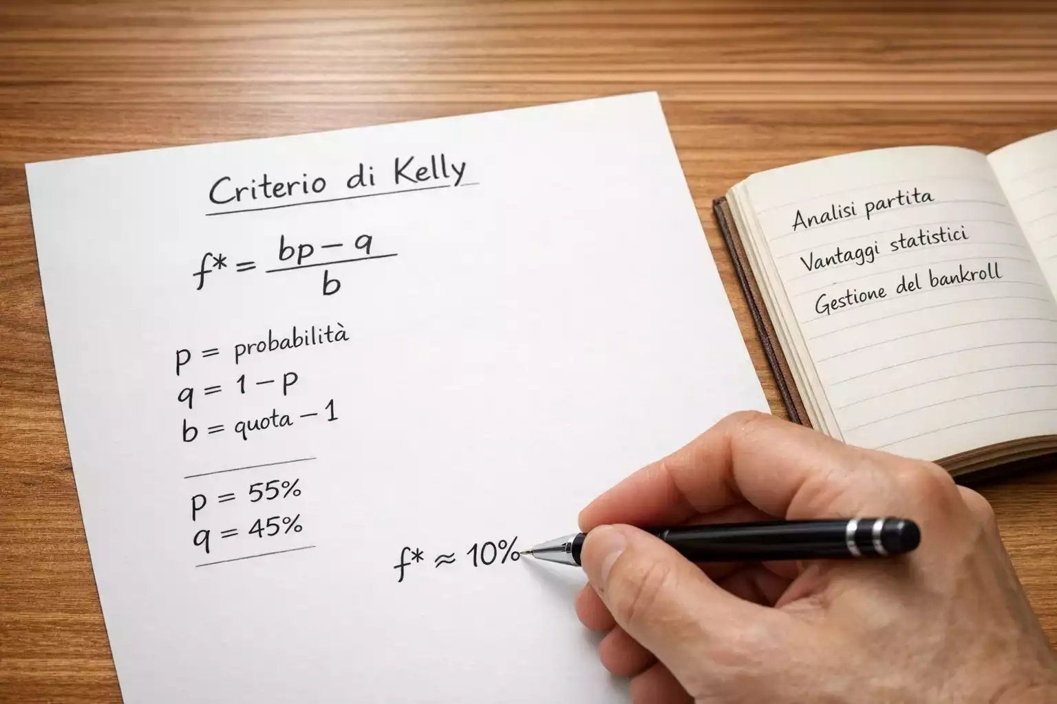 Persona che scrive formule matematiche su un foglio bianco con una penna accanto a un quaderno aperto