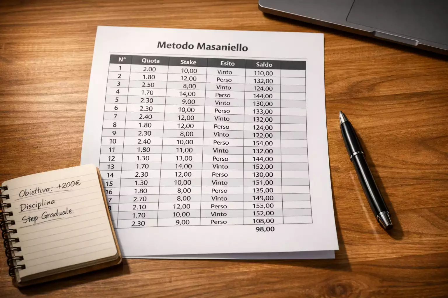 Foglio di calcolo stampato su una scrivania con penna e appunti scritti a mano accanto a un laptop