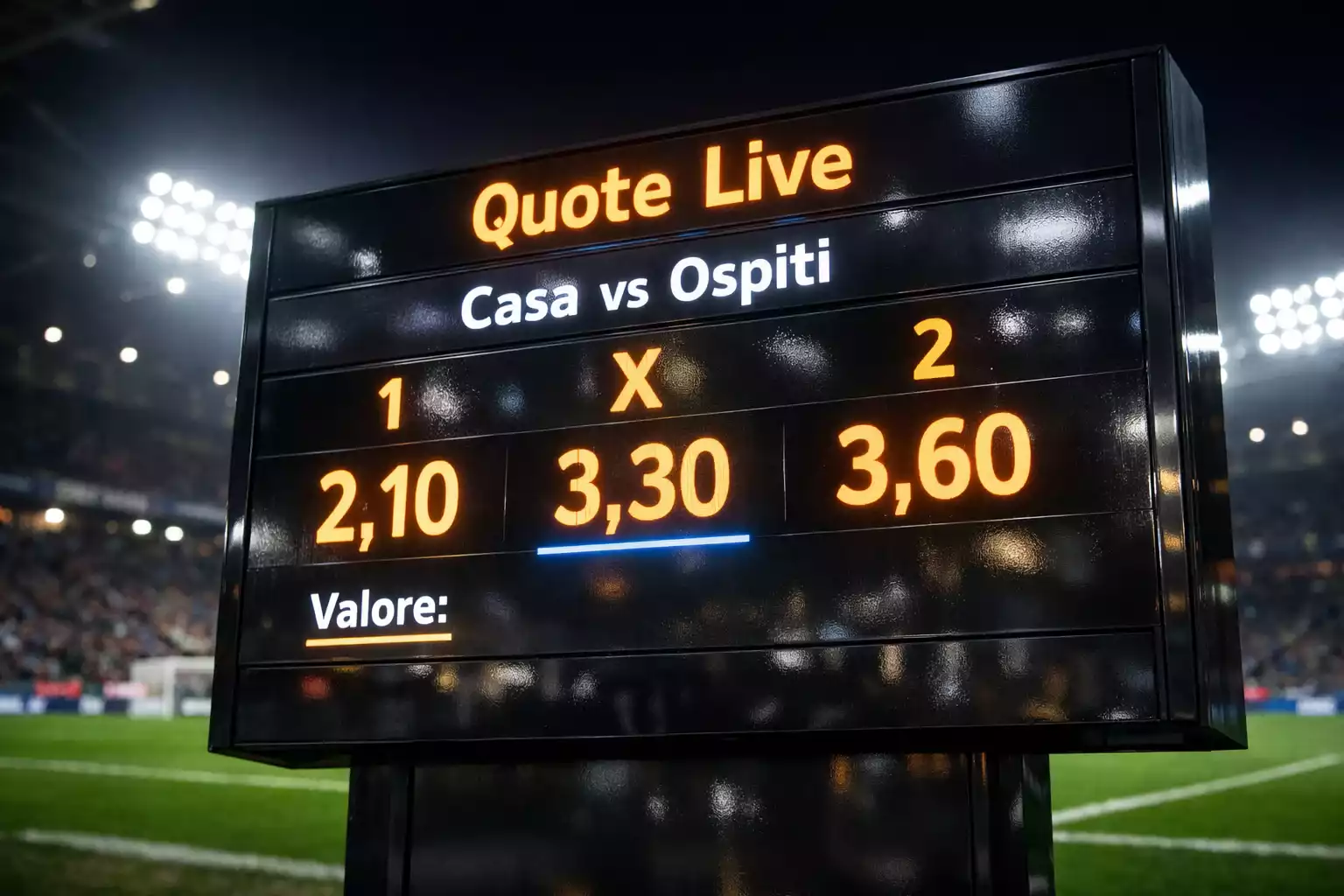 Primo piano di un tabellone quote in uno stadio di calcio con le luci del campo sullo sfondo