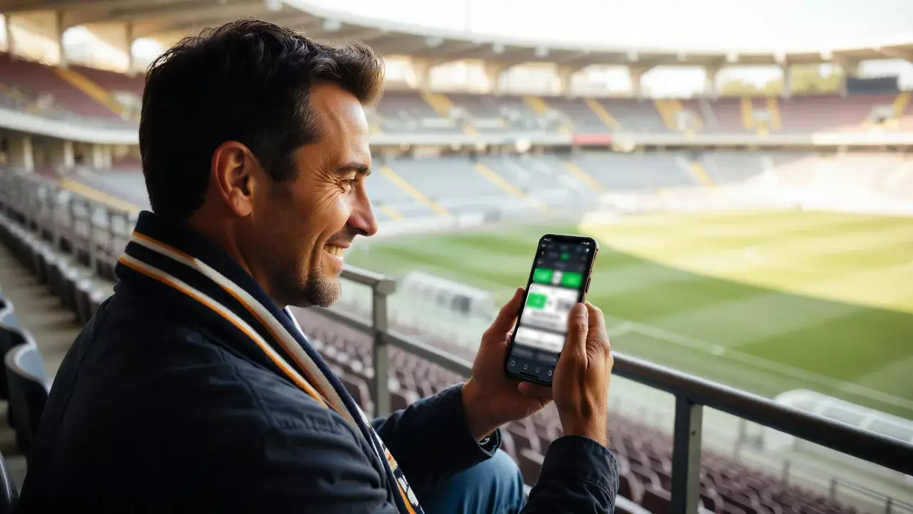 Tifoso sorridente allo stadio di calcio che consulta il telefono con le offerte di scommesse