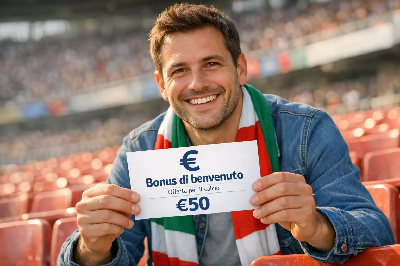 Tifoso sorridente allo stadio con il simbolo € su un biglietto promozionale