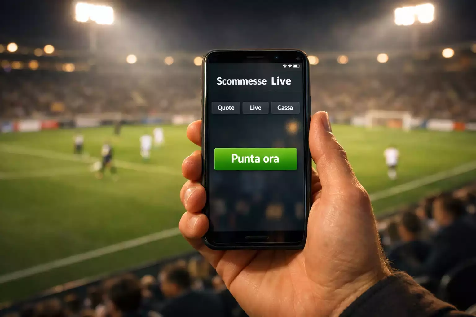 Mano che tiene uno smartphone durante una partita di calcio nello stadio