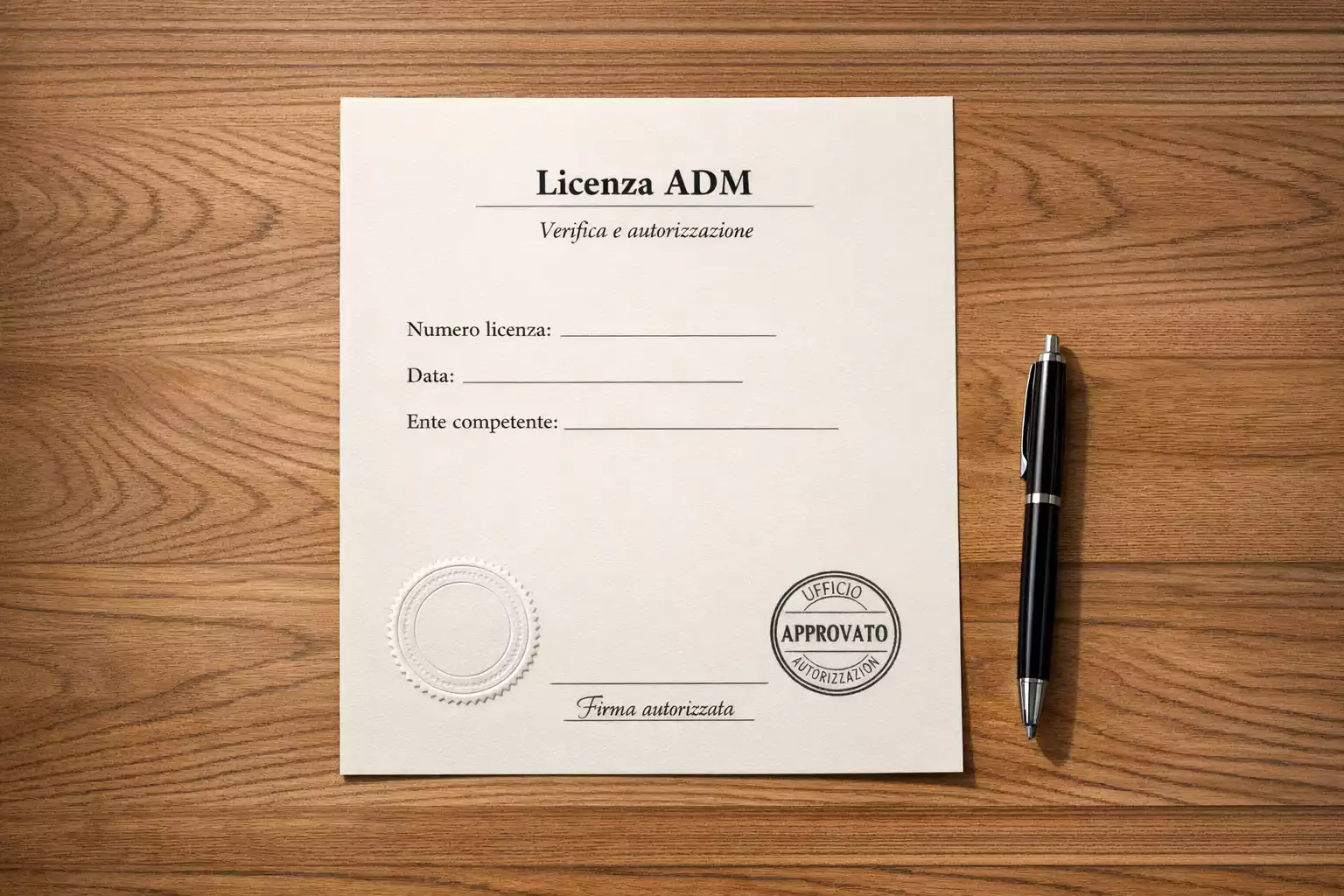 Documento ufficiale con timbro e logo ADM su una scrivania ordinata