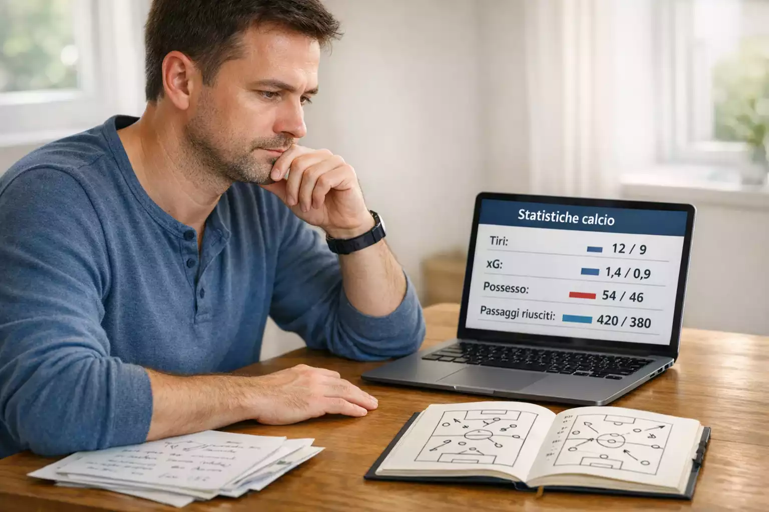 Analista sportivo che studia dati di calcio su un laptop con appunti