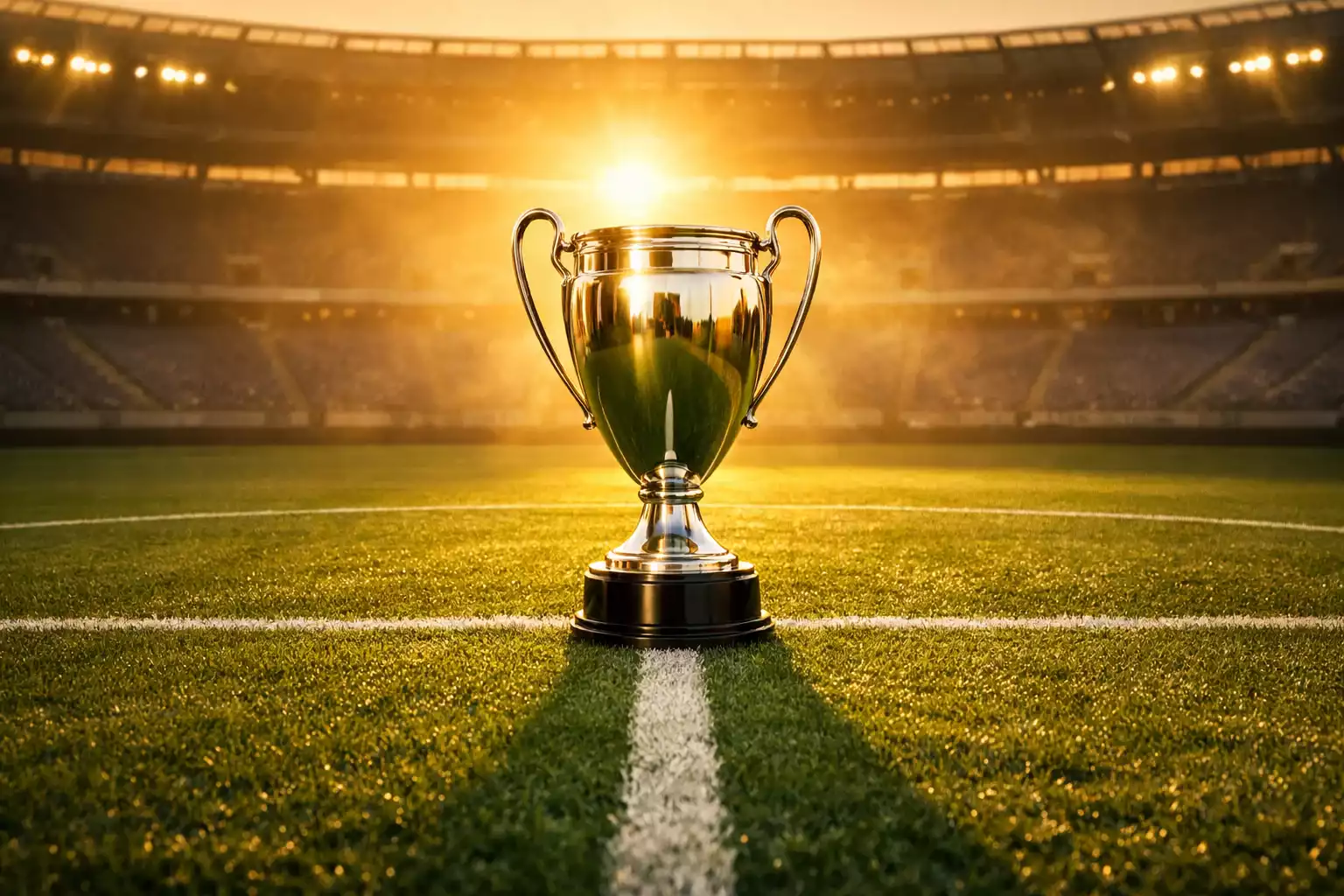 Trofeo del campionato di calcio su un campo verde con luce dorata del tramonto