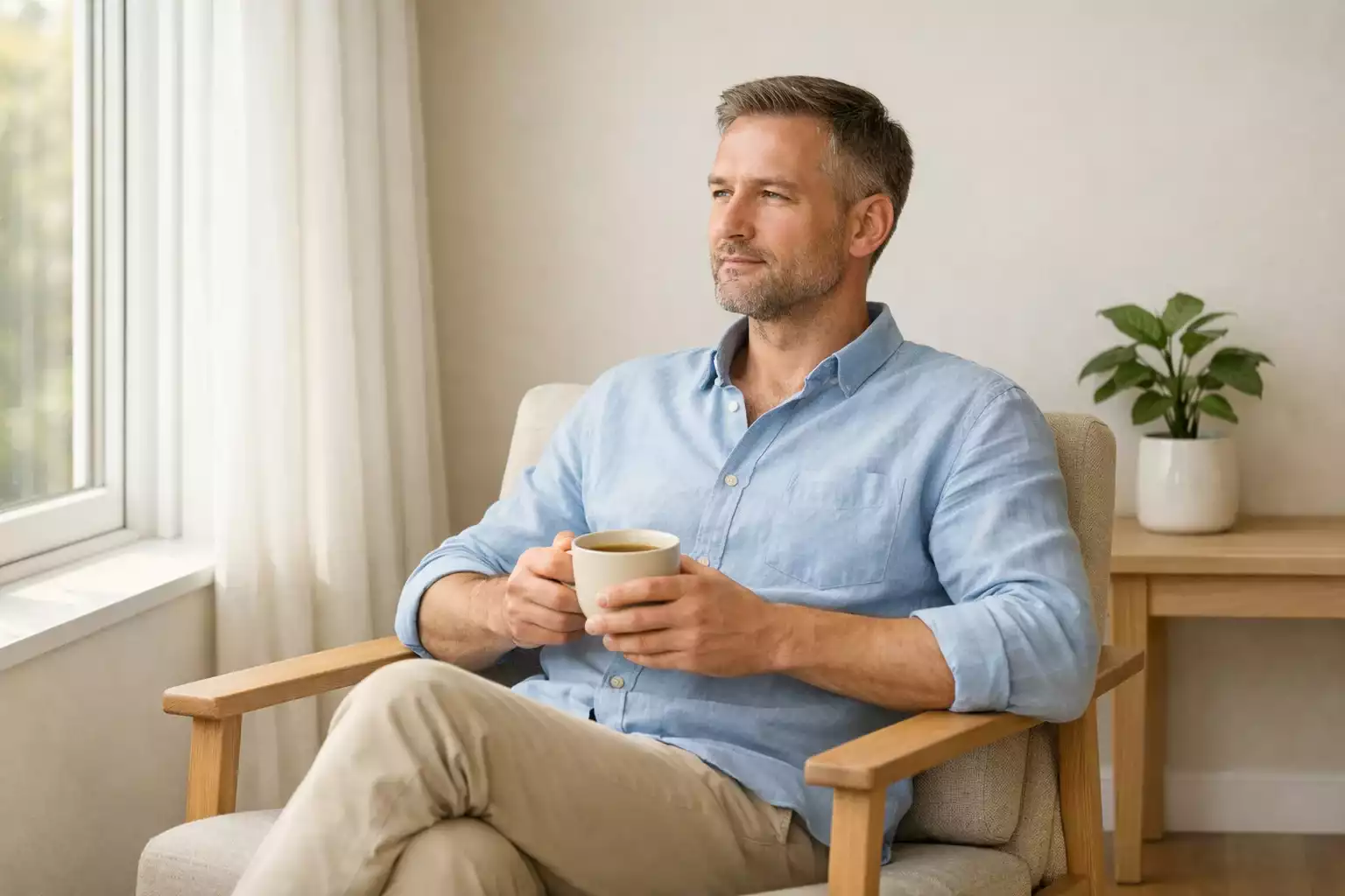 Persona seduta che riflette con calma in un ambiente luminoso e sereno