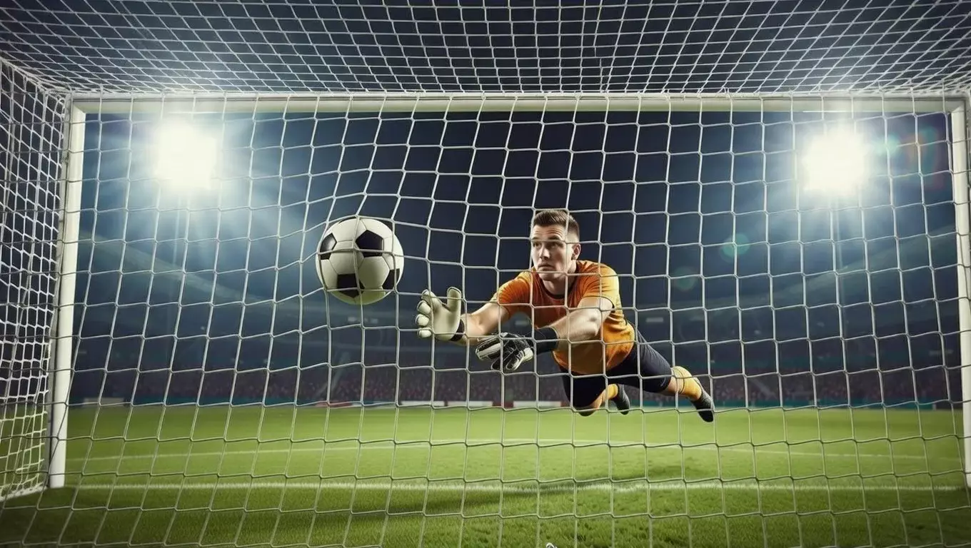 Pallone da calcio che entra in rete durante una partita sotto i riflettori dello stadio