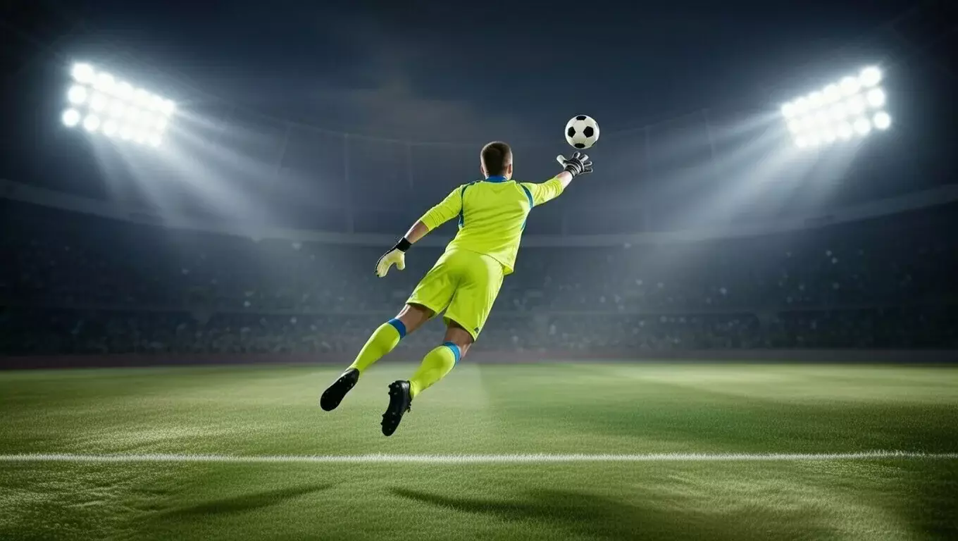 Portiere di calcio in tuffo spettacolare per parare un tiro sotto le luci dello stadio