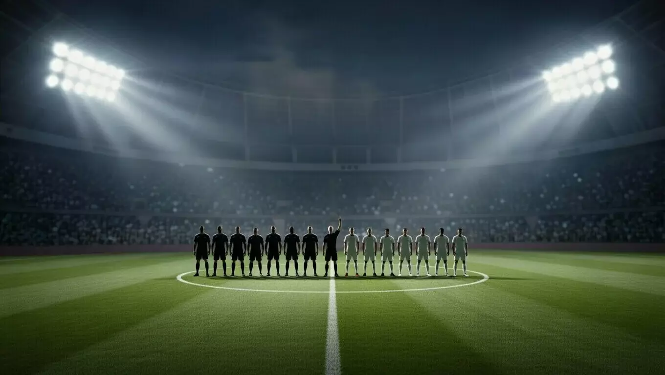 Due squadre di calcio schierate a centrocampo prima del fischio d'inizio in uno stadio pieno