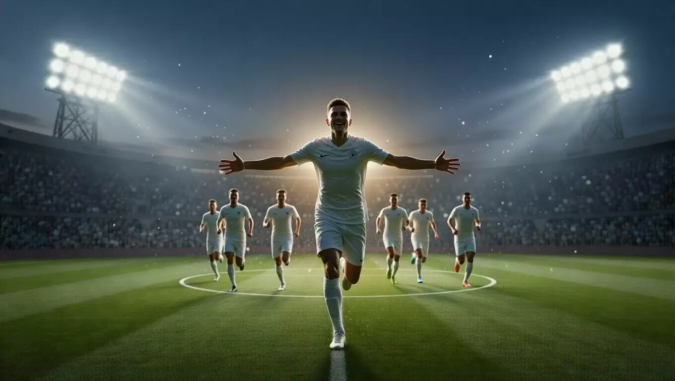 Attaccante di calcio che esulta dopo aver segnato un gol sotto i riflettori dello stadio