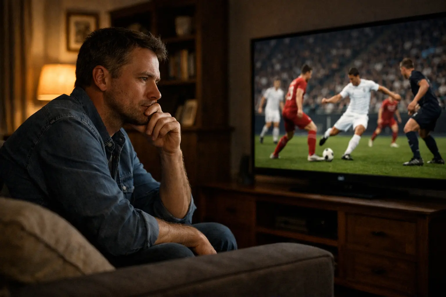 Persona pensierosa davanti a uno schermo con partita di calcio