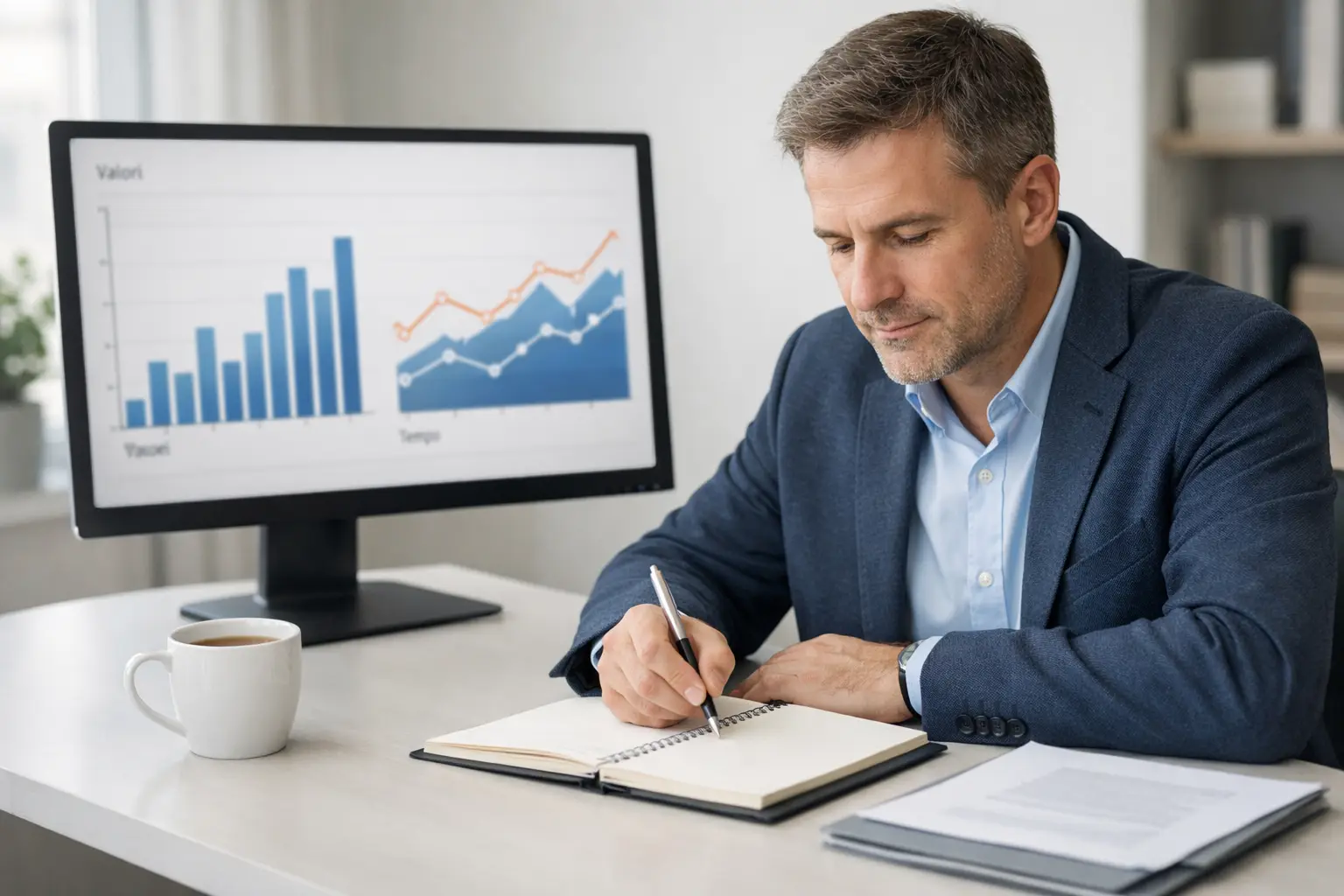 Analista che studia statistiche calcistiche su schermo con grafici