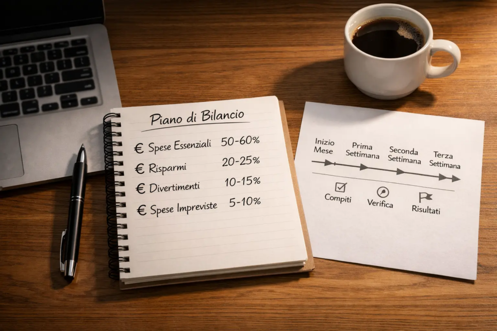 Appunti con pianificazione budget e simbolo euro su scrivania