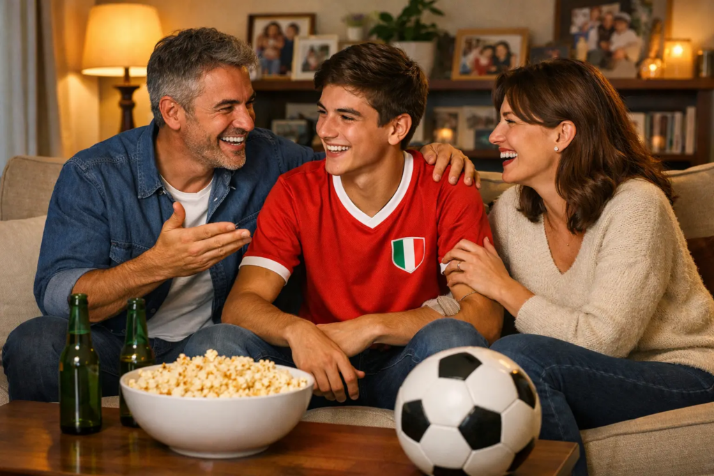 Famiglia che guarda insieme una partita di calcio in televisione