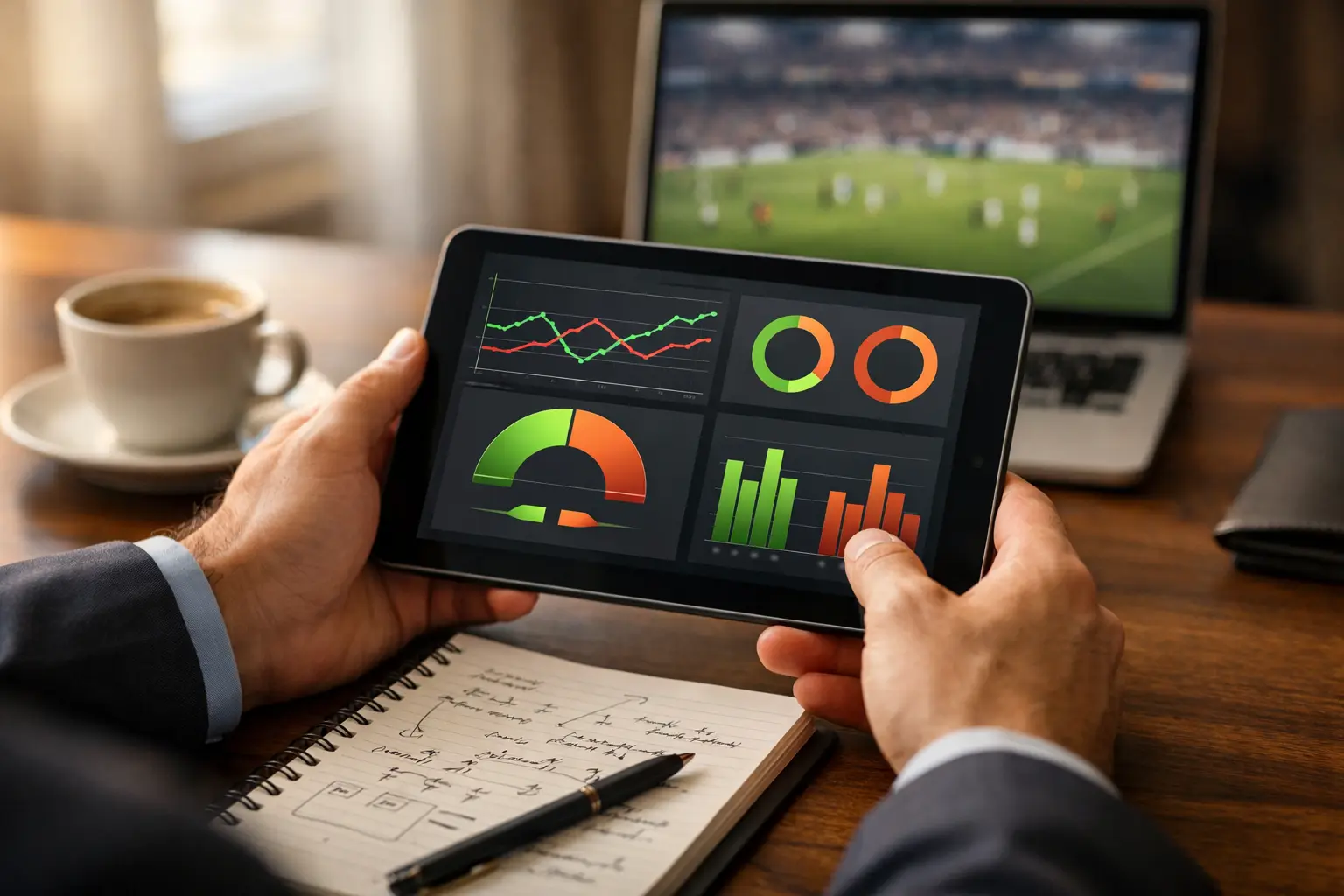Analista che studia dati statistici su tablet durante una partita