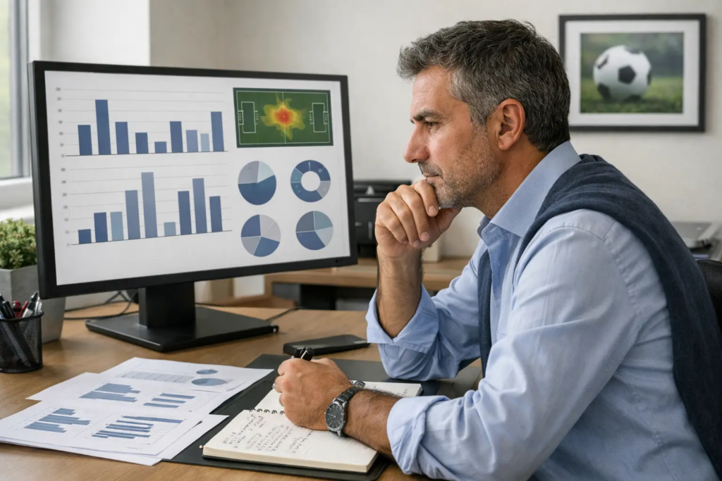 Analista che studia statistiche di calcio su un monitor con grafici