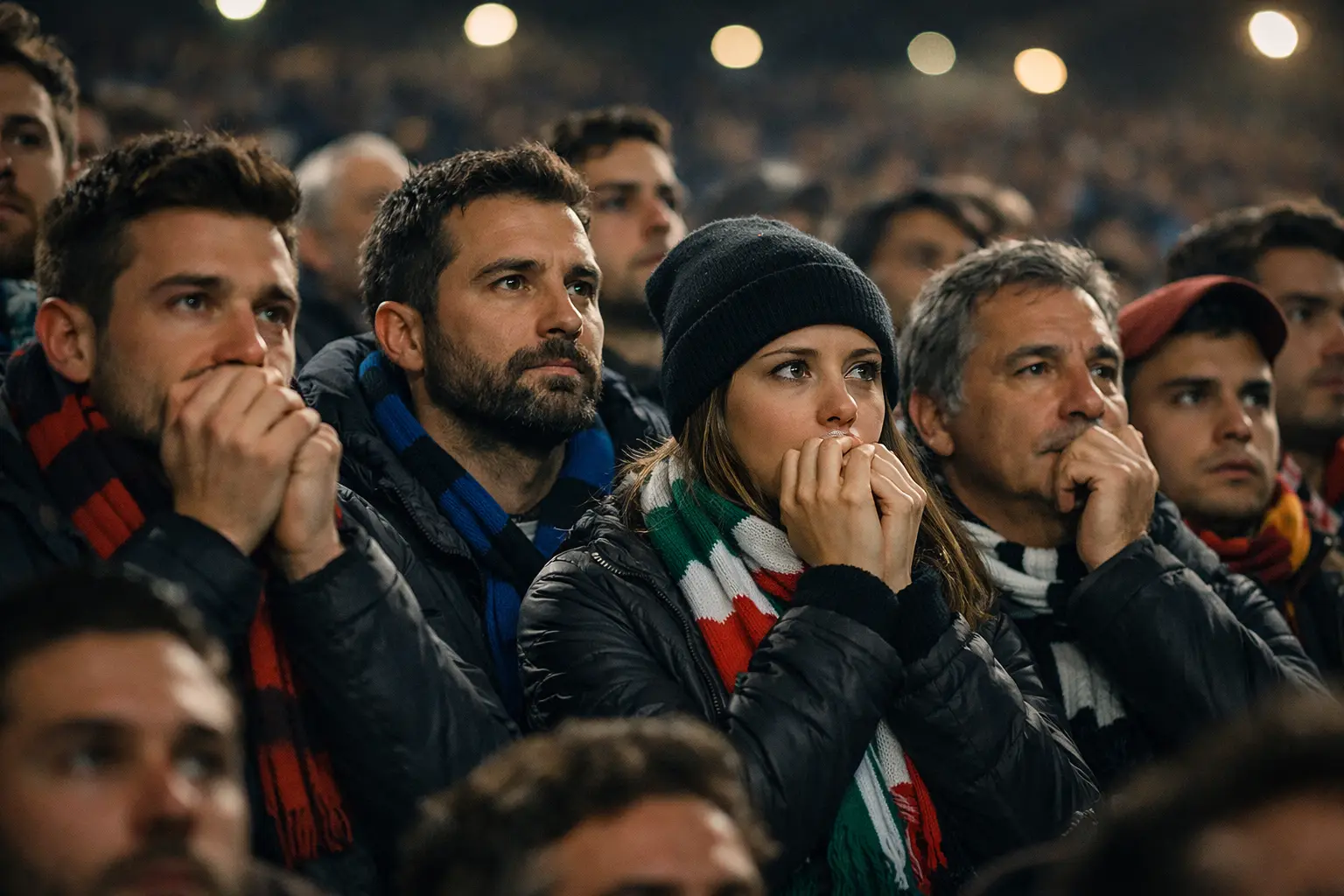 Tifosi che seguono una partita di calcio allo stadio con quote scommesse visualizzate