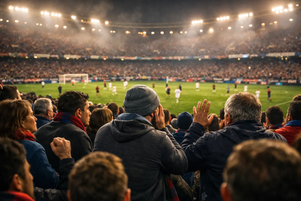 Tifosi che guardano una partita di calcio in uno stadio italiano illuminato