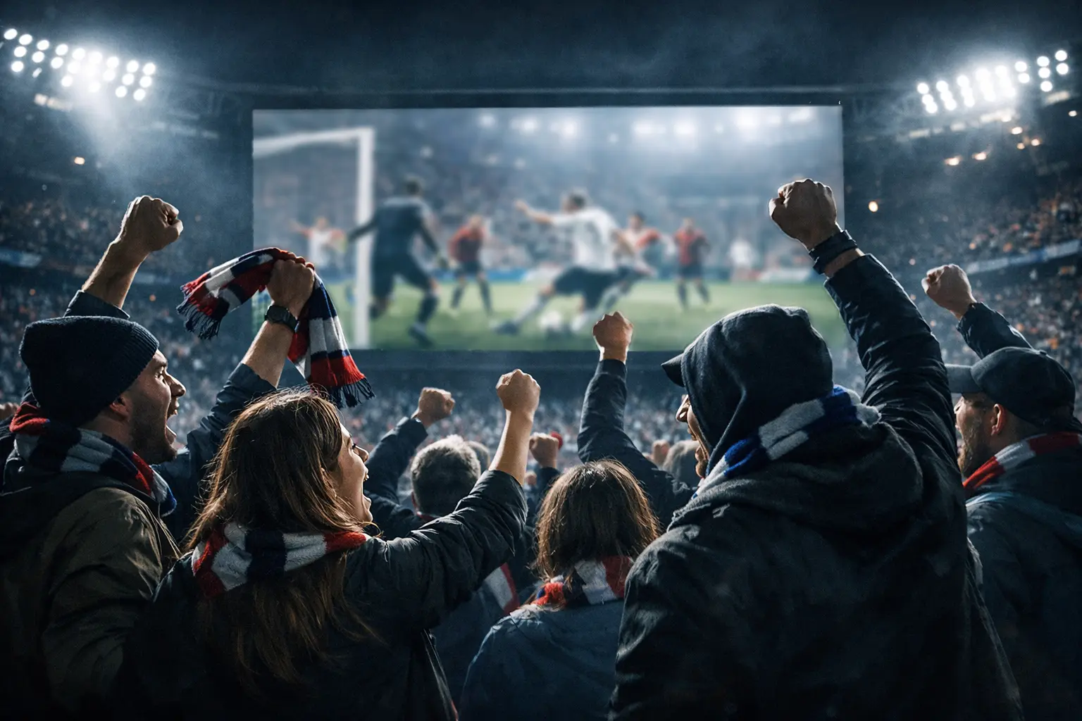 Tifosi che guardano una partita di calcio su grande schermo in uno stadio
