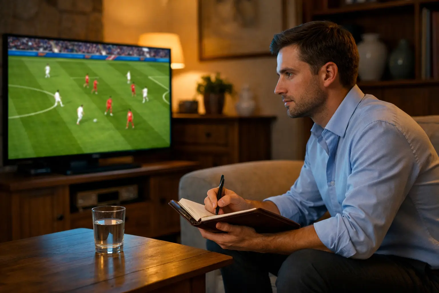 Persona concentrata che prende appunti mentre guarda una partita di calcio
